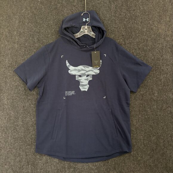 Under Armour Project Rock Hoodie Shirt Mens XL Navy Blue Short Sleeve Terry Gym - Picture 1 of 7